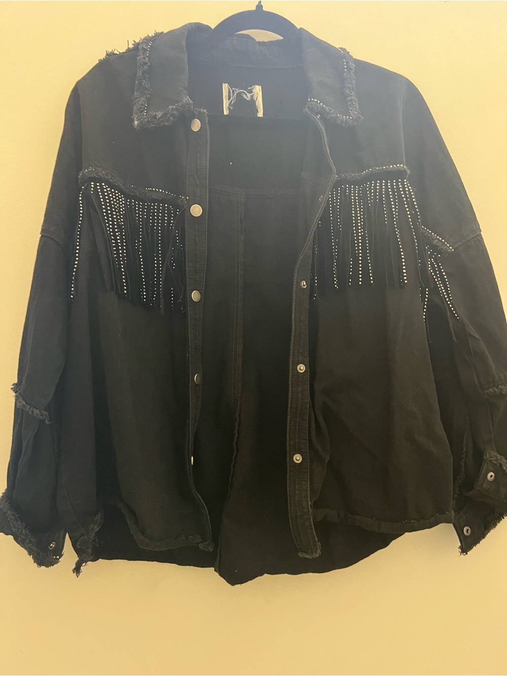 Zara Black Denim Rhinestone Fringe Jacket